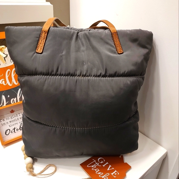 🤗 Vintage GUC UGG Brand Australia Puffer Tote w/Leather Handles, Charcoal/Tan - Picture 3 of 11